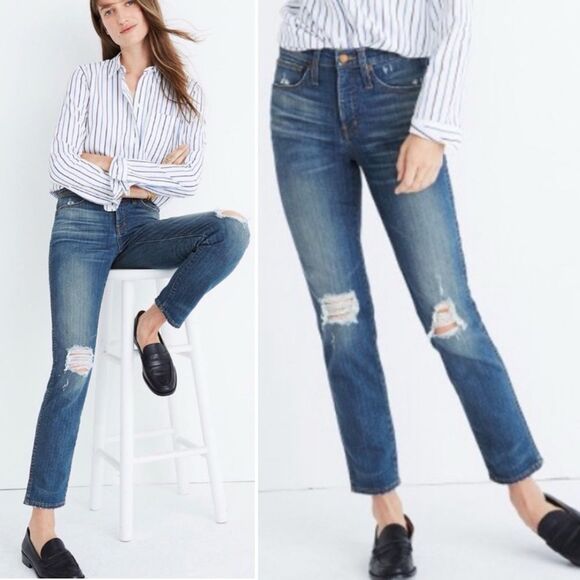 Madewell Slim Straight Jeans: Knee-Rip Edition in Forster Wash Size 27 Tall | 4T - Picture 1 of 14